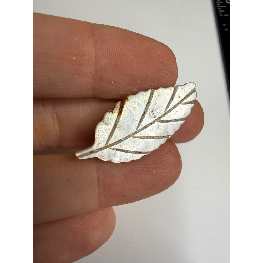 Mother of Pearl Carved Leaf Brooch Pin Iridescent White Botanical Jewelry